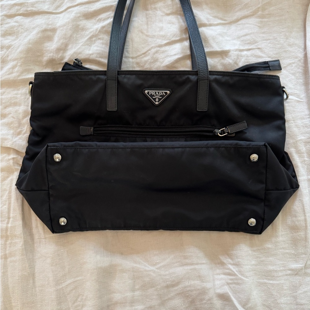 Prada Black Tote Bag with Leather Trim and Metal Hardware